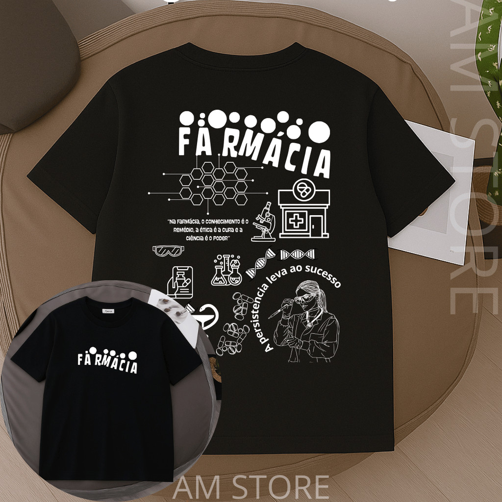 camiseta camisa 100% algodão estampada profissão facudade curso farmacia em Oferta na Shopee