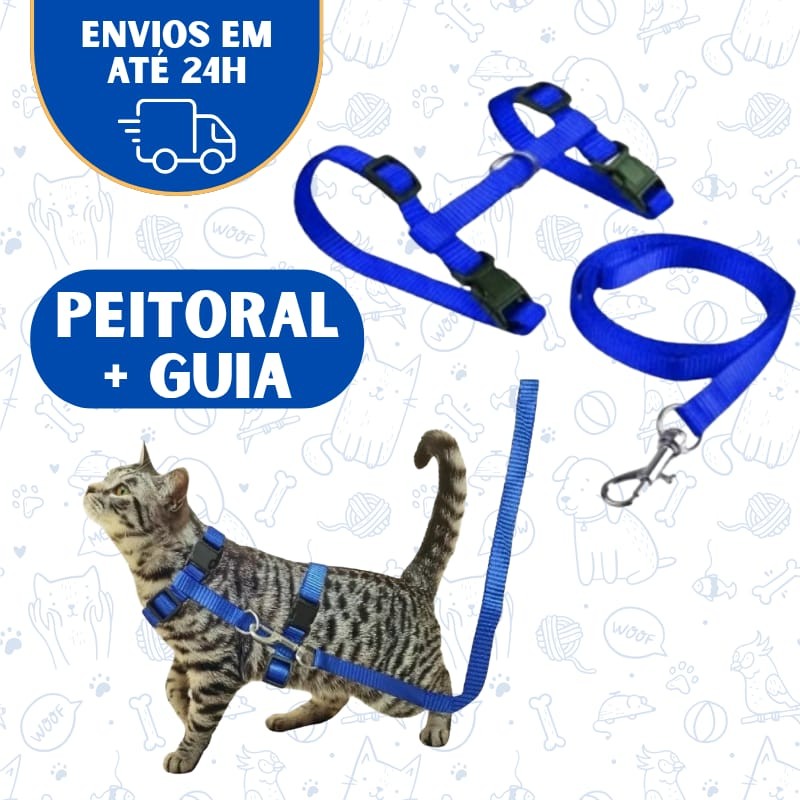 Coleira Peitoral Gato Pet Gatinho Acessorio Com Guia Top Ajustável