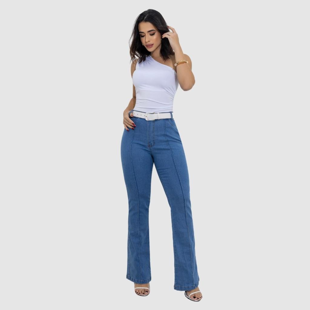 Conjunto Body Mula Regata Plissado e Calça Jeans Flare Com Vinco Casual Moda Feminina Luxo
