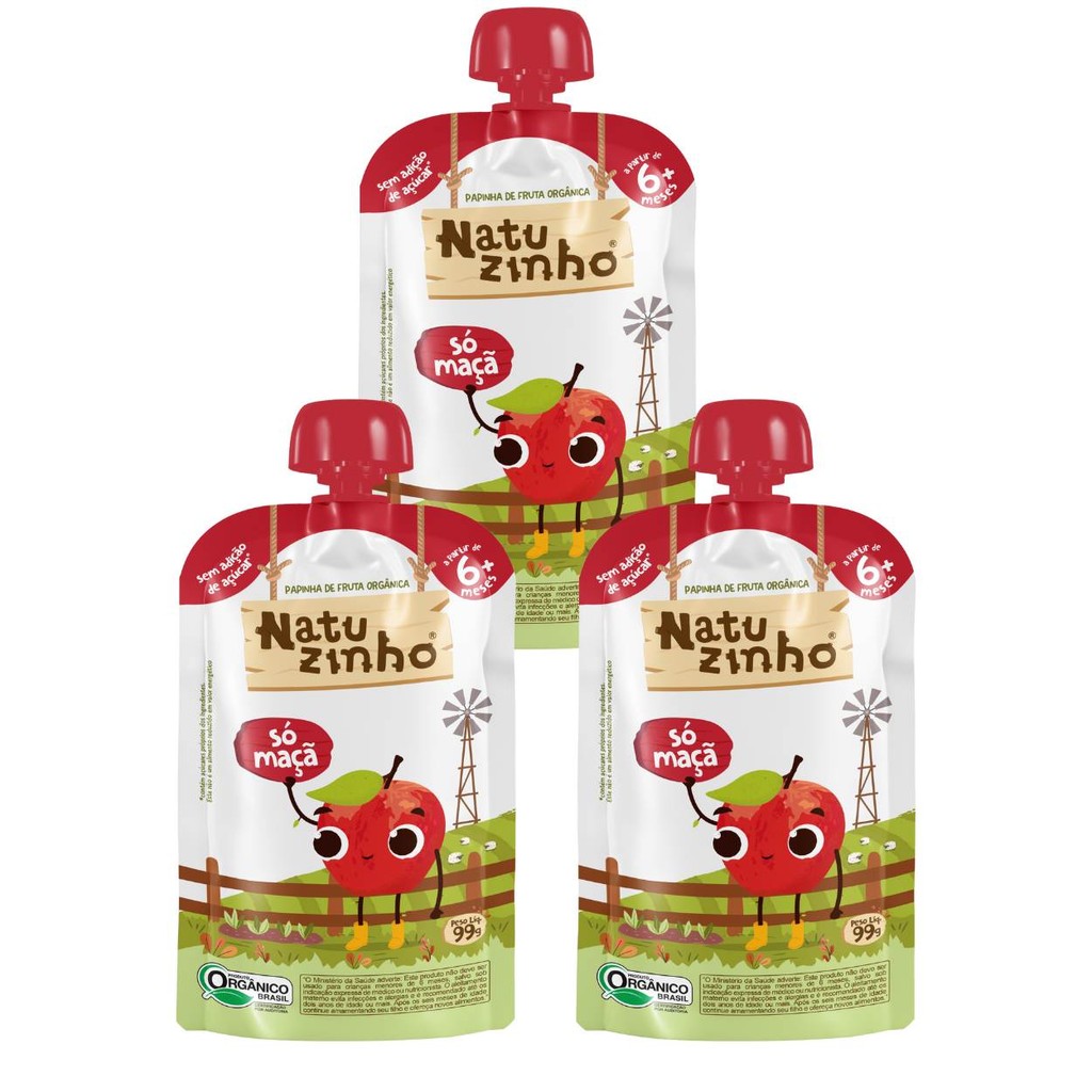 Kit Papinha Organica Natuzinho Maça Bebe 3 unidades