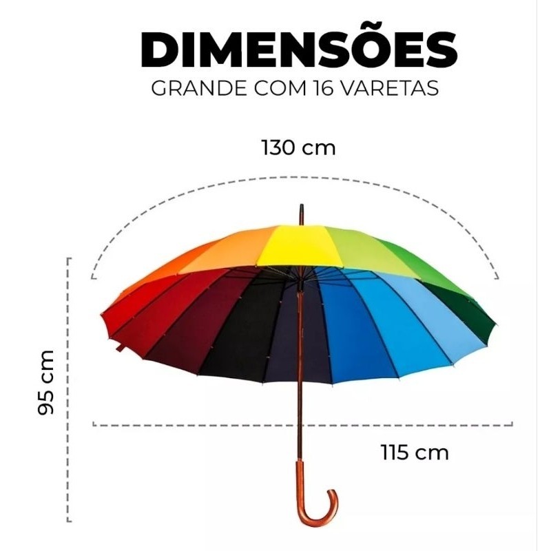 Guarda-Chuva Arco-Íris Reforçado | 16 Varetas | Cabo de Madeira Premium | Ultra Resistente ao Vento