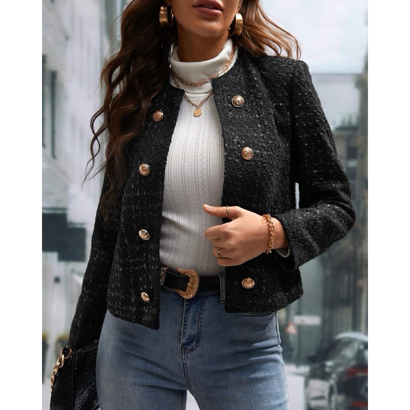 Blusa Feminina Tweed Xadrez Tecido Grosso Casaco Blazer Elegante Sofisticado Tendência Moda Europa SH D123