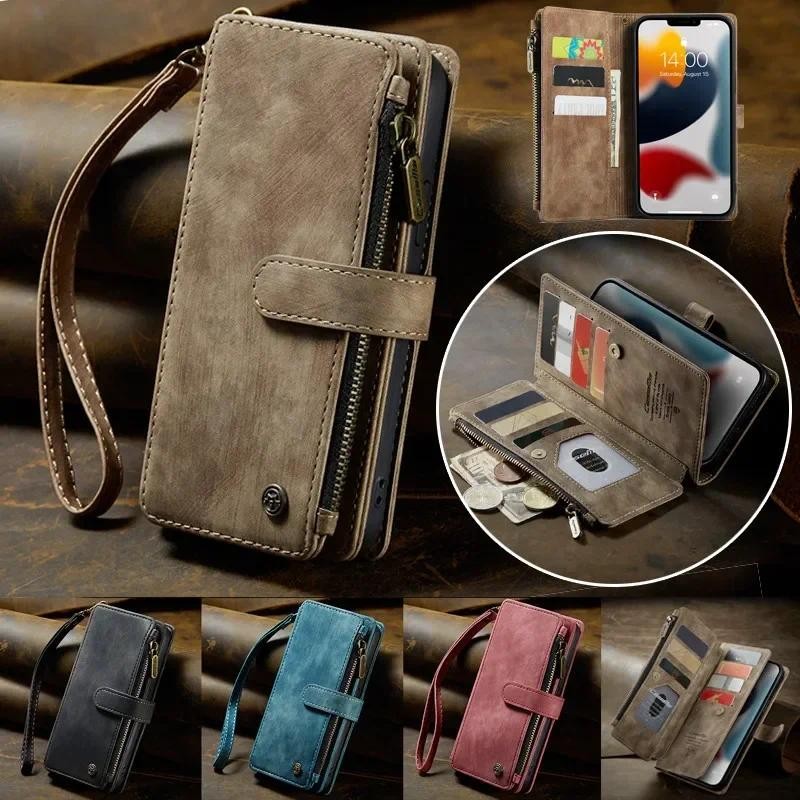 CaseMe Flip Couro Caso De Telefone Para iPhone 11 12 13 14 15 Plus 16 Pro Max 16E XS XR X SE2022 Zíper Carteira Multi Ca