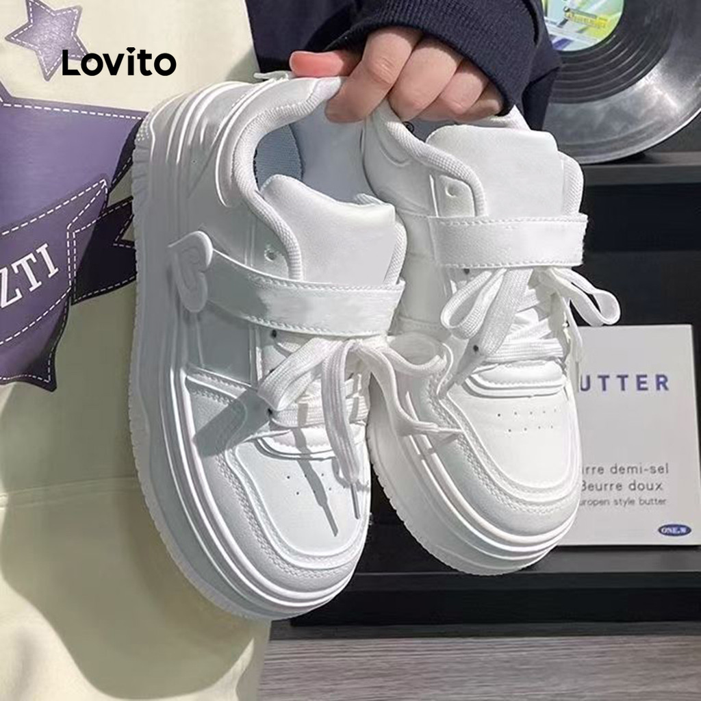 (facc) Lovito Sapatos largos brancos leve e respirável tênis versáteis para mulheres LFA76330
