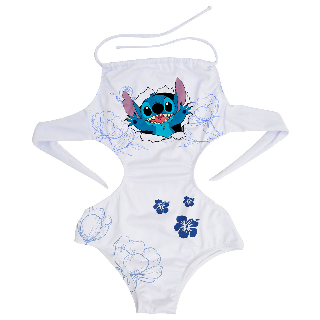 Maio Lilo & Stitch Branco Floral: Elegância Tropical para Pequenas Aventuras Aquáticas