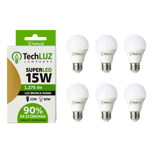 Kit 6 Lâmpadas Led 15w 6500k E27 Luz Branca Fria Techluz em Oferta na Shopee