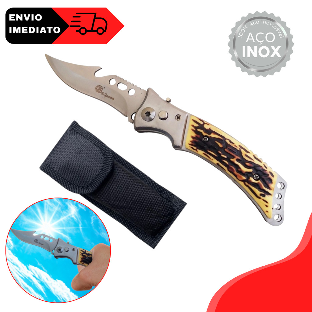 Canivete Automático Aço Inox 21cm Cabo de Osso Com Bainha Trava Rápida Camping