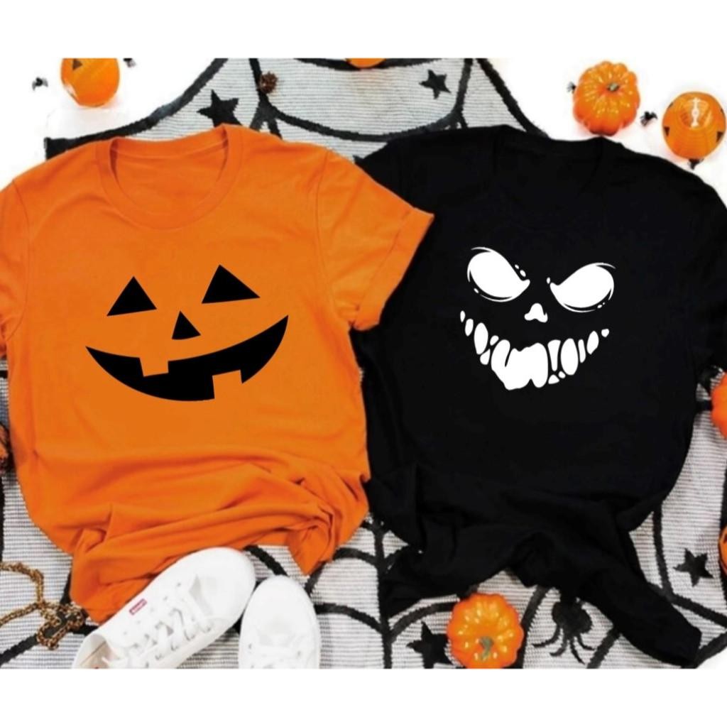 Kit 2 Camisetas Camisa Casal Halloween Cara de Abóbora e de Caveira Assustadora Envio Imediato