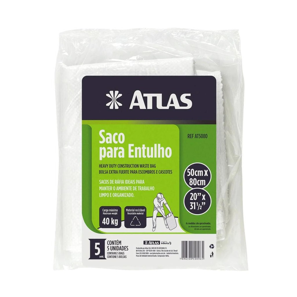 SACO RÁFIA ENTULHO PARA CONSTRUÇÃO SUPER RESISTENTE 50X80CM KIT 5 UNIDADES -  ATLAS PARA RAÇÃO RECICLAGEM OBRA