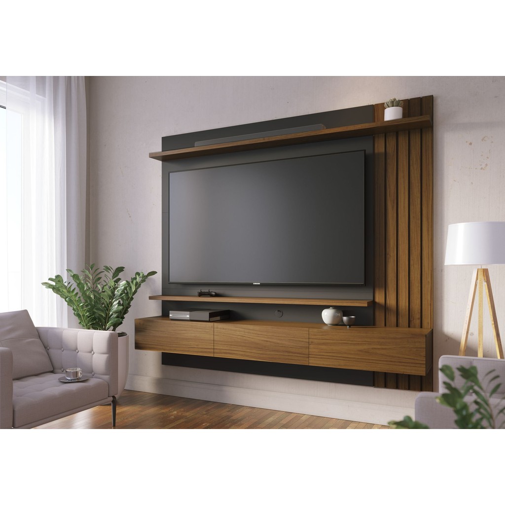 Painel para Tv até 70 Polegadas 3 Portas Basculantes 2 Prateleiras Juriti Noce Milano/Preto Fosco