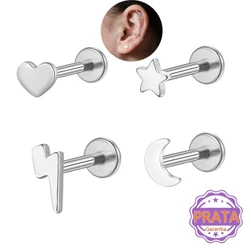 4PCS Kit Piercing Labret Prata 925【Lábio+Orelha】- Estrelas E Lua Tragus Helix Ponto De Luz Relâmpago E Coração