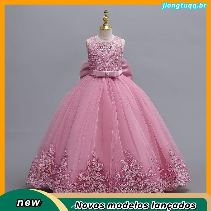 Vestido de Luxo Bordado Big Bow Girl Vestido Fofo Festa de Aniversário Baby Girl Vestido Princesa 4-12 Anos de Idade Oc