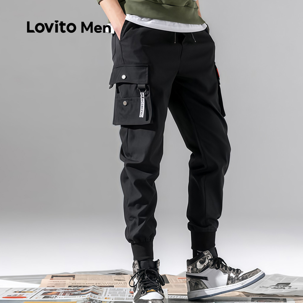 Detalhes do Lovito Men Calça Cargo Casual com Bolso de Corda para Todas As Estações Preta para Homens LNE114099