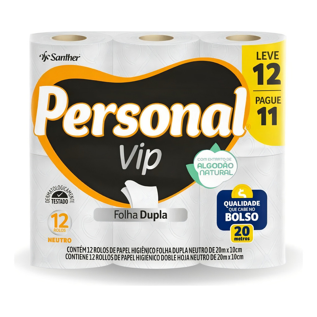 Papel Higiênico Personal Vip Folha dupla Neutro Menos com 12 unidades Super Macio