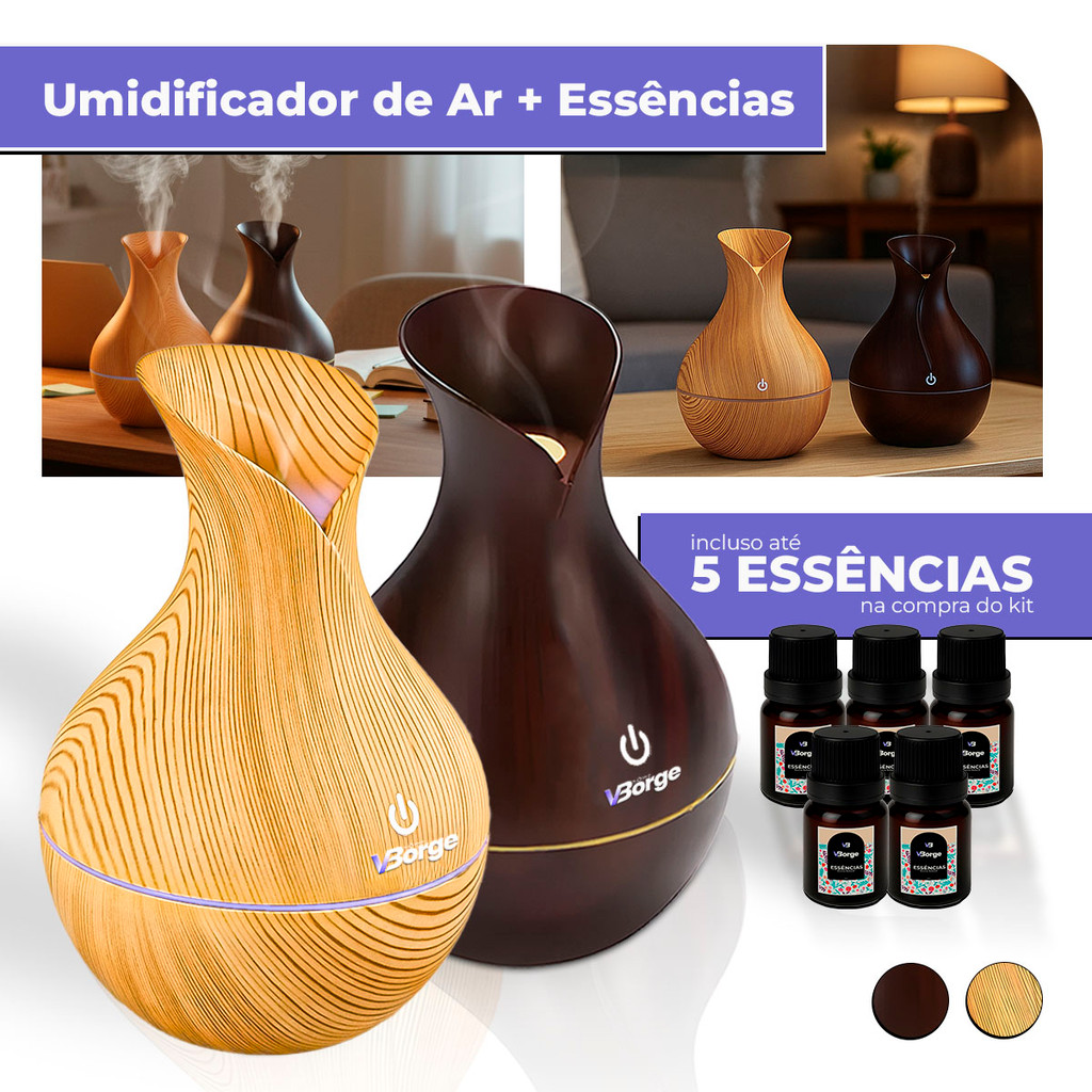 Umidificador De Ar + 5 Essências Hidrossolúvel | Difusor Modelo Vaso 200ml | Essências 10ml