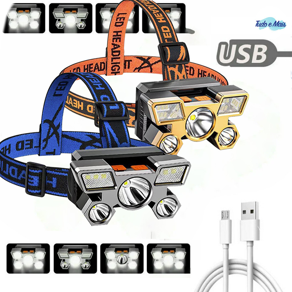 Cabeça De Lanterna 5 LED Super Brilhante À Prova D'água USB Recarregável 4 Modos