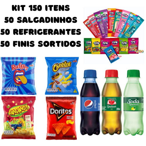 Kit 50 Salgadinhos Elma Chips + 50 Refrigerantes 200ml + 50 Finis Sortidos em Oferta na Shopee