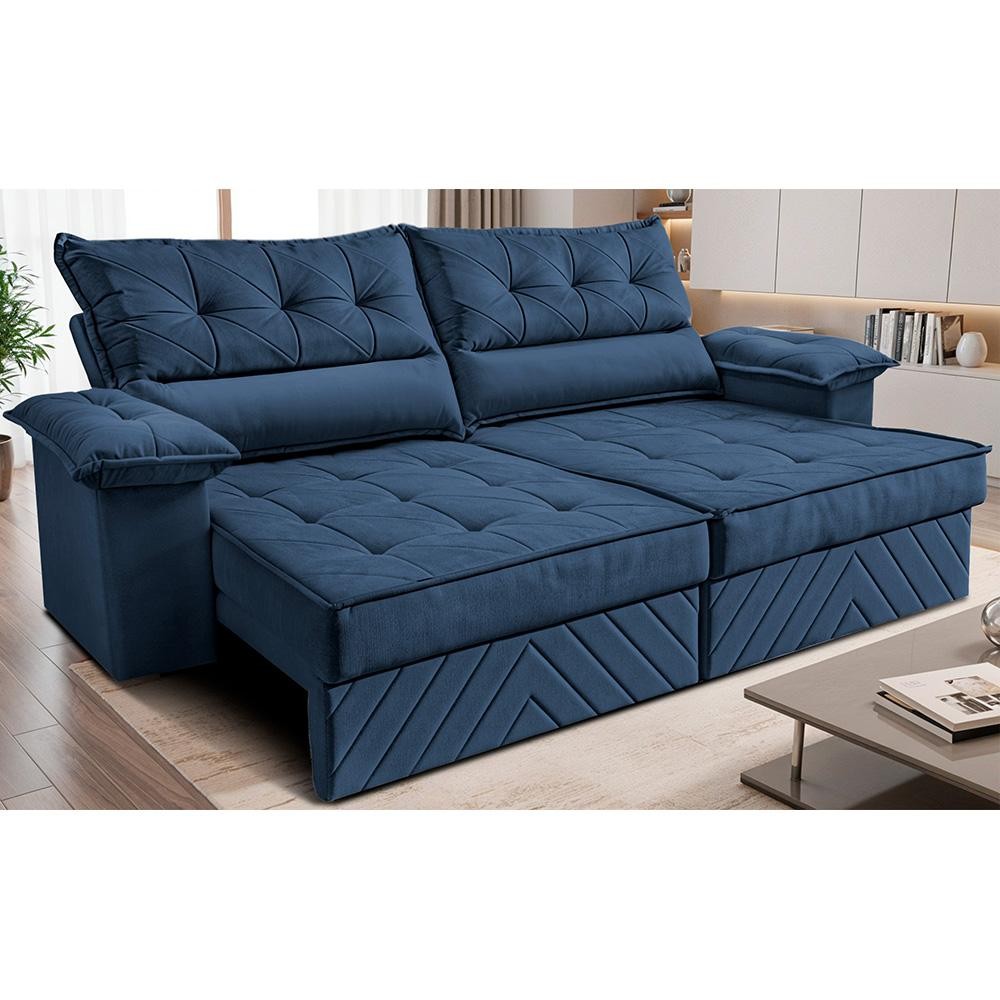 Sofá Retrátil e Reclinável 2,10m com Molas e Espuma D33 Thunder Velusoft Azul Cama inBox em Oferta na Shopee