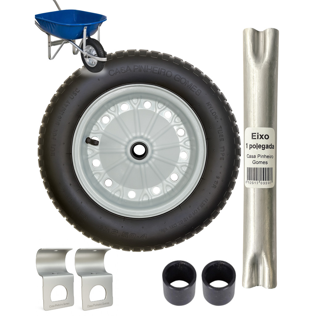 Roda Pneu Câmara + Eixo Mancal Carrinho Mão Carriola 3,25x8