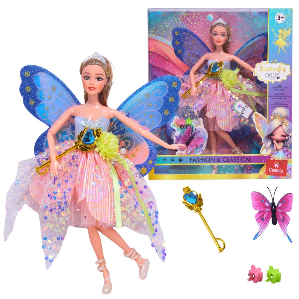 Boneca Articulada Fada Com Asas Azul e Acessórios - Castela