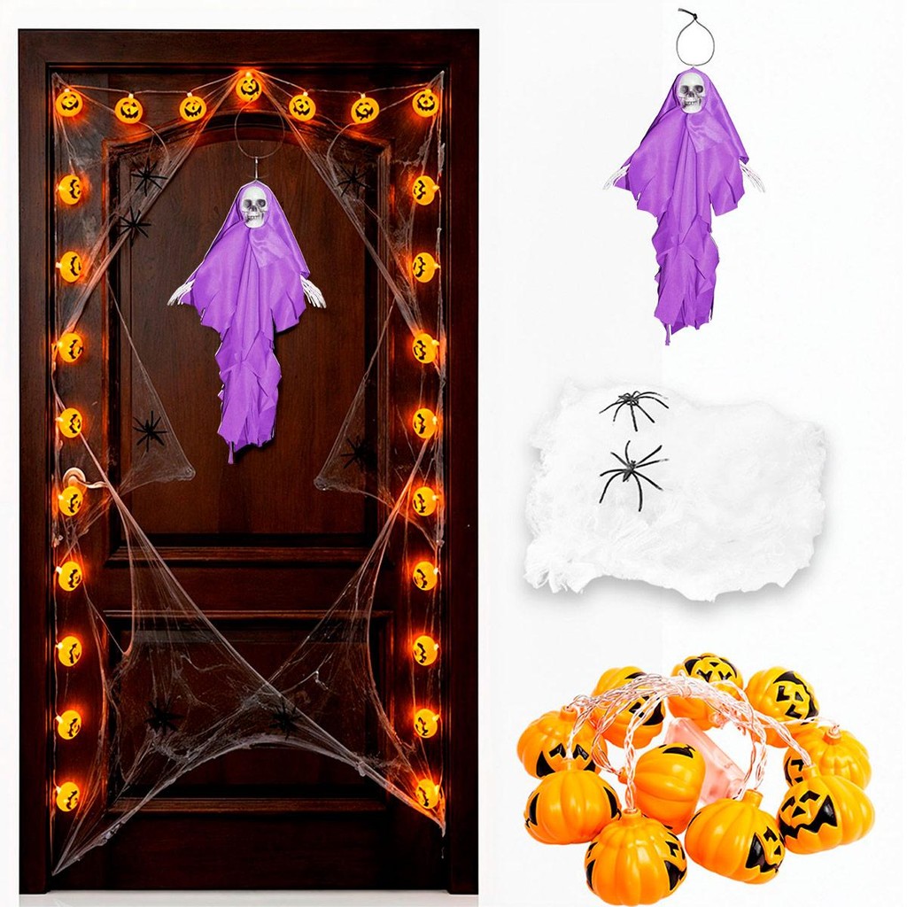 Kit Decoração Halloween Completa Enfeite Porta Escada Predio Hall Caveira Esqueleto Teia de Aranha Pisca LED Abóbora em Oferta na Shopee