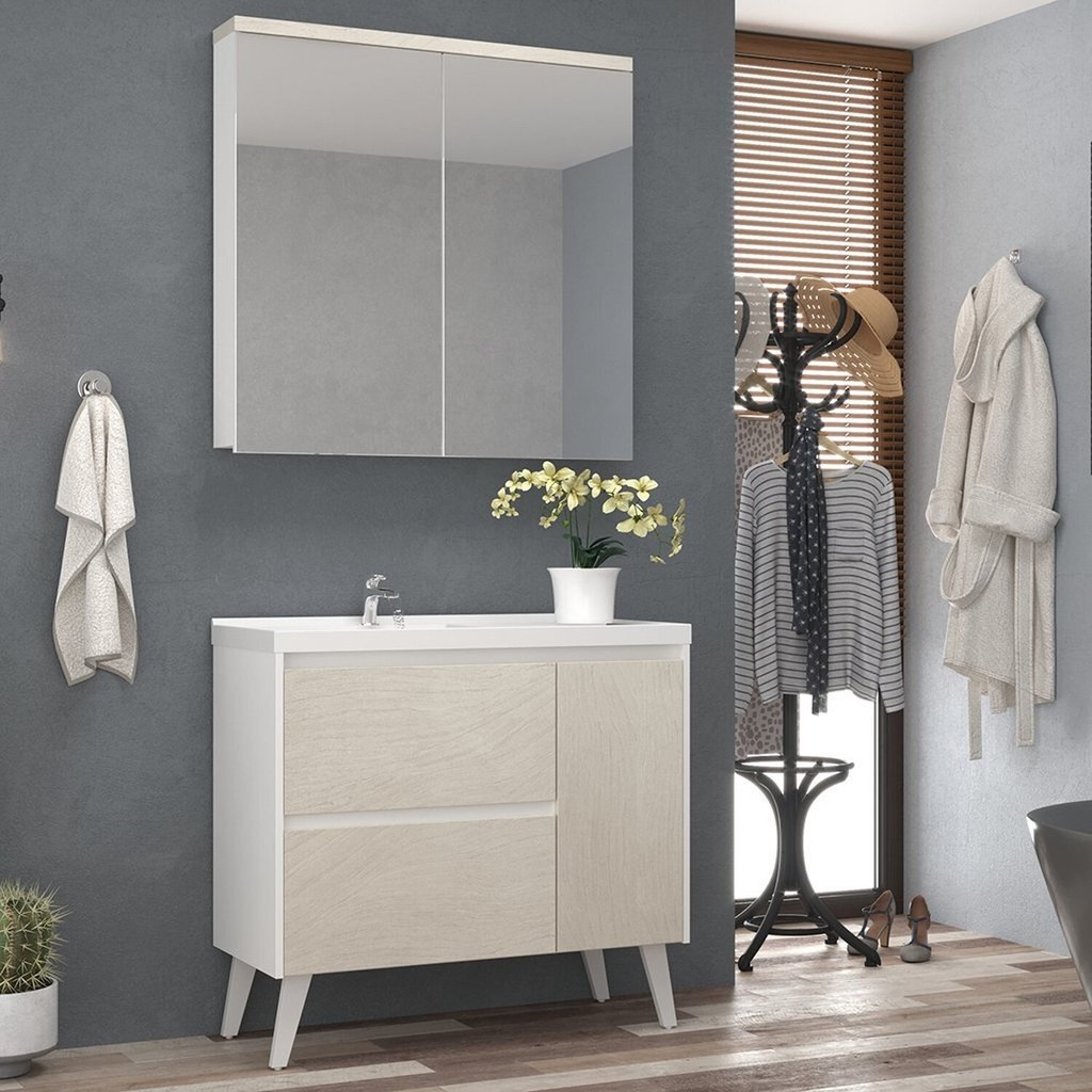 Gabinete de Banheiro 90cm com Lavatório e Armário Ref 910 Branco/Arenito em Oferta na Shopee