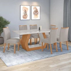 Conjunto Sala de Jantar Mesa Easy Tower 170x90cm MDF/Vidro com 6 Cad Armoni Veludo Capuc Amendoa/off