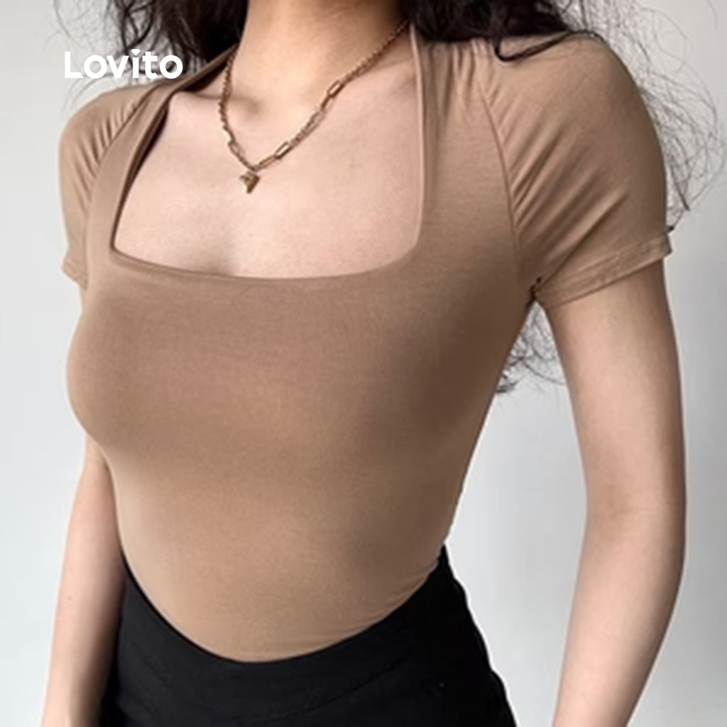 Detalhes do (NEW) Lovito Camisa Casual de Linha Estruturada Primavera/verão Camiseta Cáqui para mulheres LNE117048