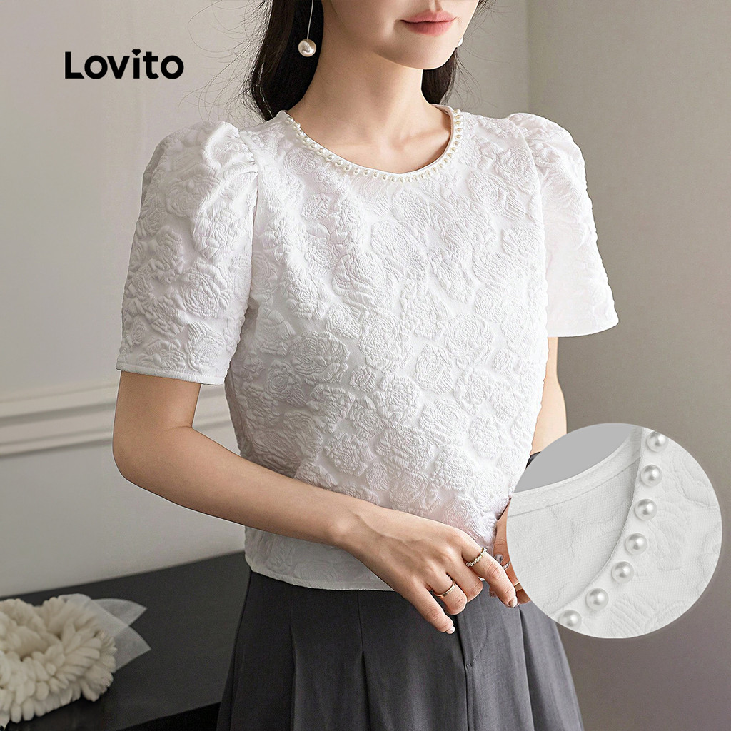 Lovito Blusa Casual de Jacquard com Pérolas Macia e Confortável Primavera/verão Blusa branca L137ED806 em Oferta na Shopee