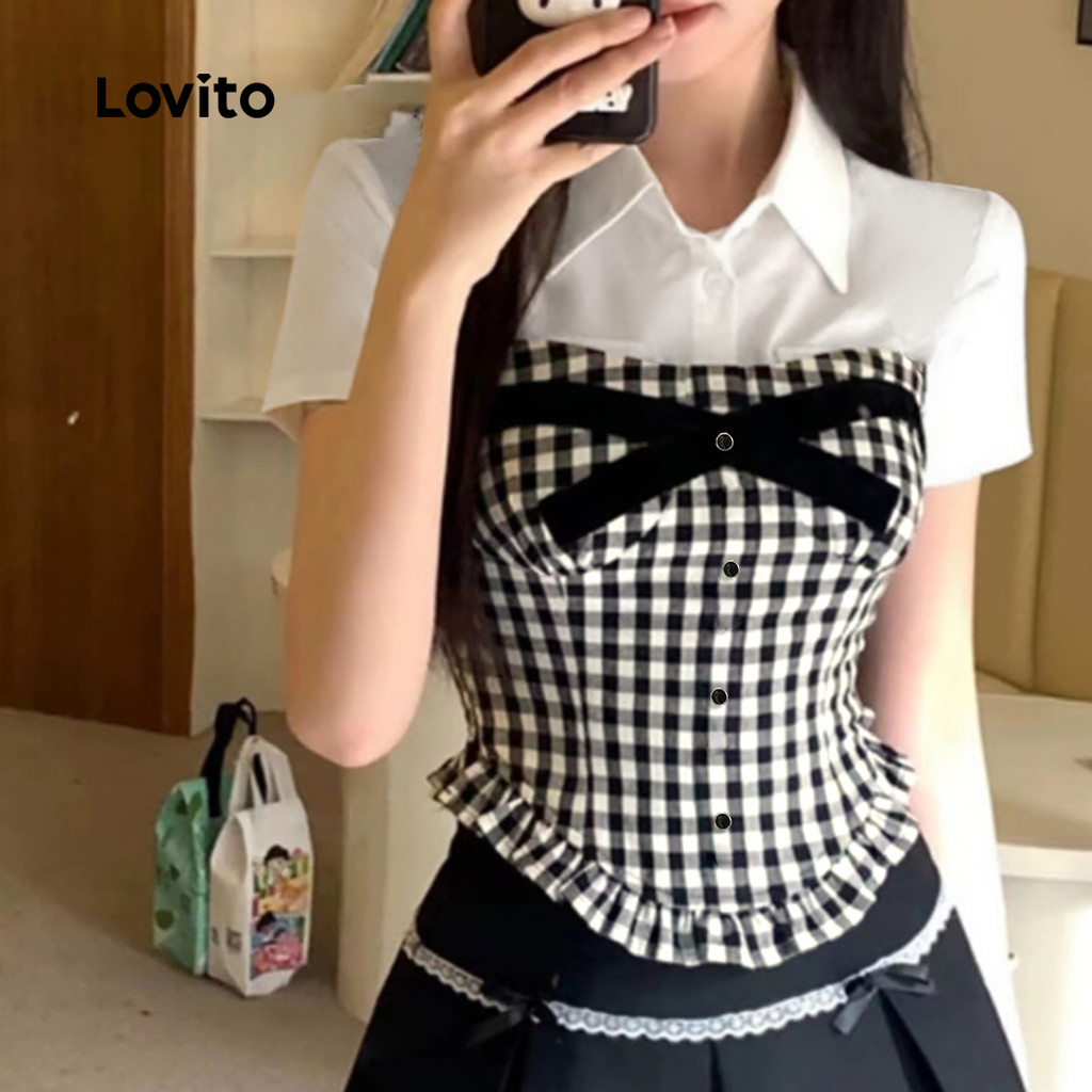 Detalhes do Lovito Blusa Casual Gingham Fake 2 Em 1 Blusa Verão/Primavera Para Mulheres L117AD386