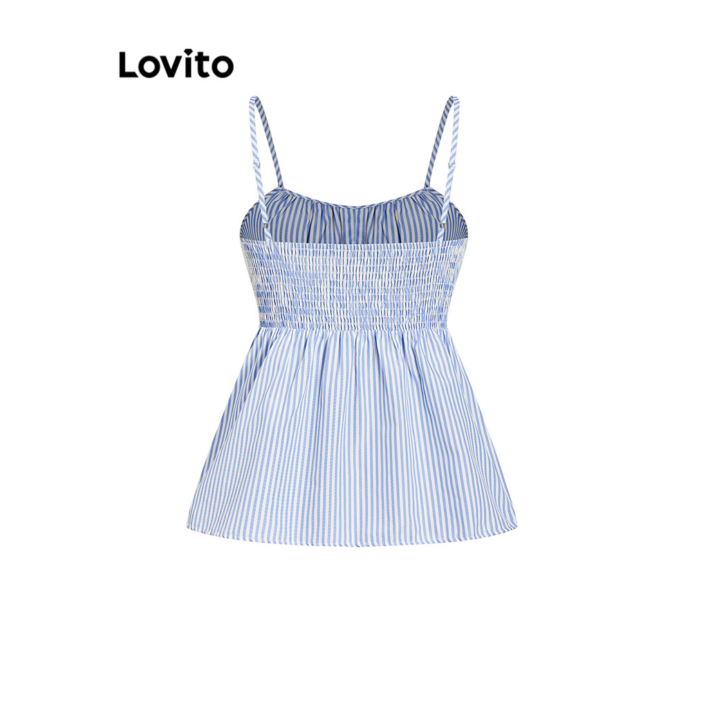 Detalhes do Lovito Blusa Feminina Boho Listrada Com Babados Bainha Plissada Estrutura Regata L100MD126