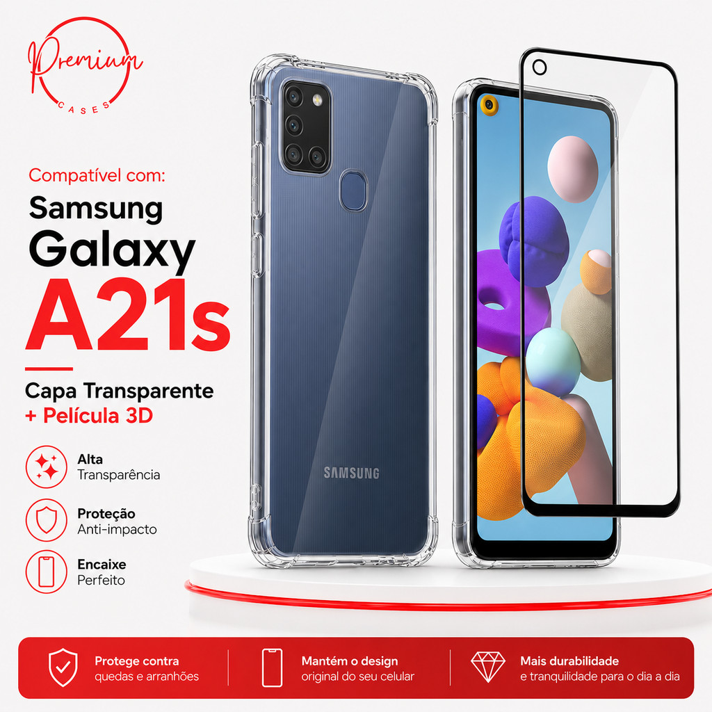 Capa Capinha Anti Impacto Compatível Com Galaxy A21s E/OU Película 3D Vidro Temperado