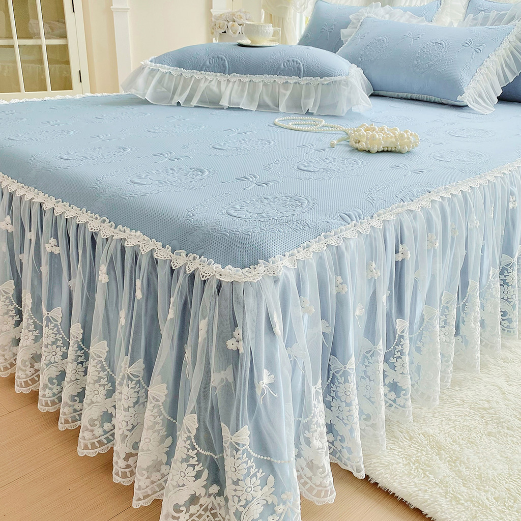 Saia de cama de renda estilo princesa sensação legal Doudou tapete de seda gelada conjunto de três peças verão doméstico