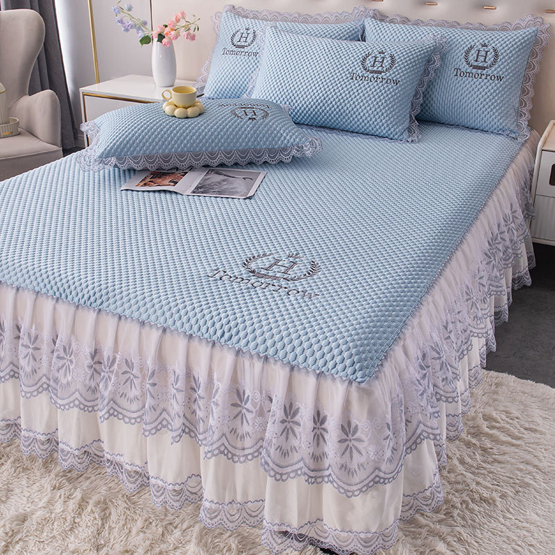 Saia de cama estilo seda gelada sensação fresca ervilhas tapete legal conjunto de três peças ar condicionado tapete maci