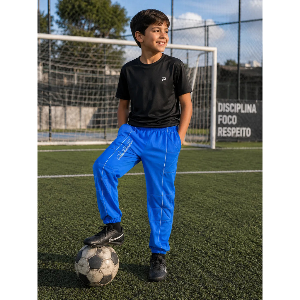 Calça Goleiro Infantil Azul Reforçada Proteção Futebol