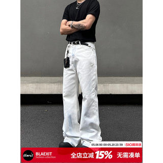 BLAEXIT Estilo Americano Angustiado Sujo Tingido Azul vintage Branco Calça Jeans Masculina Calça Reta cleanfit