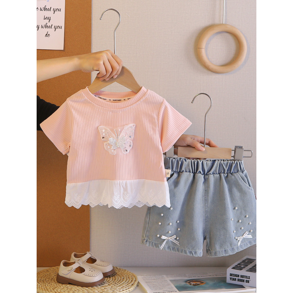 Meninas roupas de verão 2026 novo estilo moda em torno do pescoço de manga curta terno de duas peças bebê verão moda cri