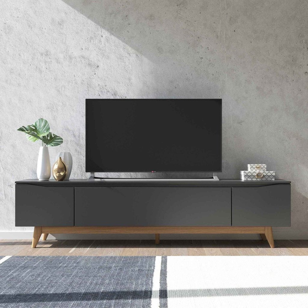 Rack para TV até 75 Polegadas MDF 219,5cm Pés em Madeira Maciça Flynt Preto Touch/Natural Preto Touch/Natural