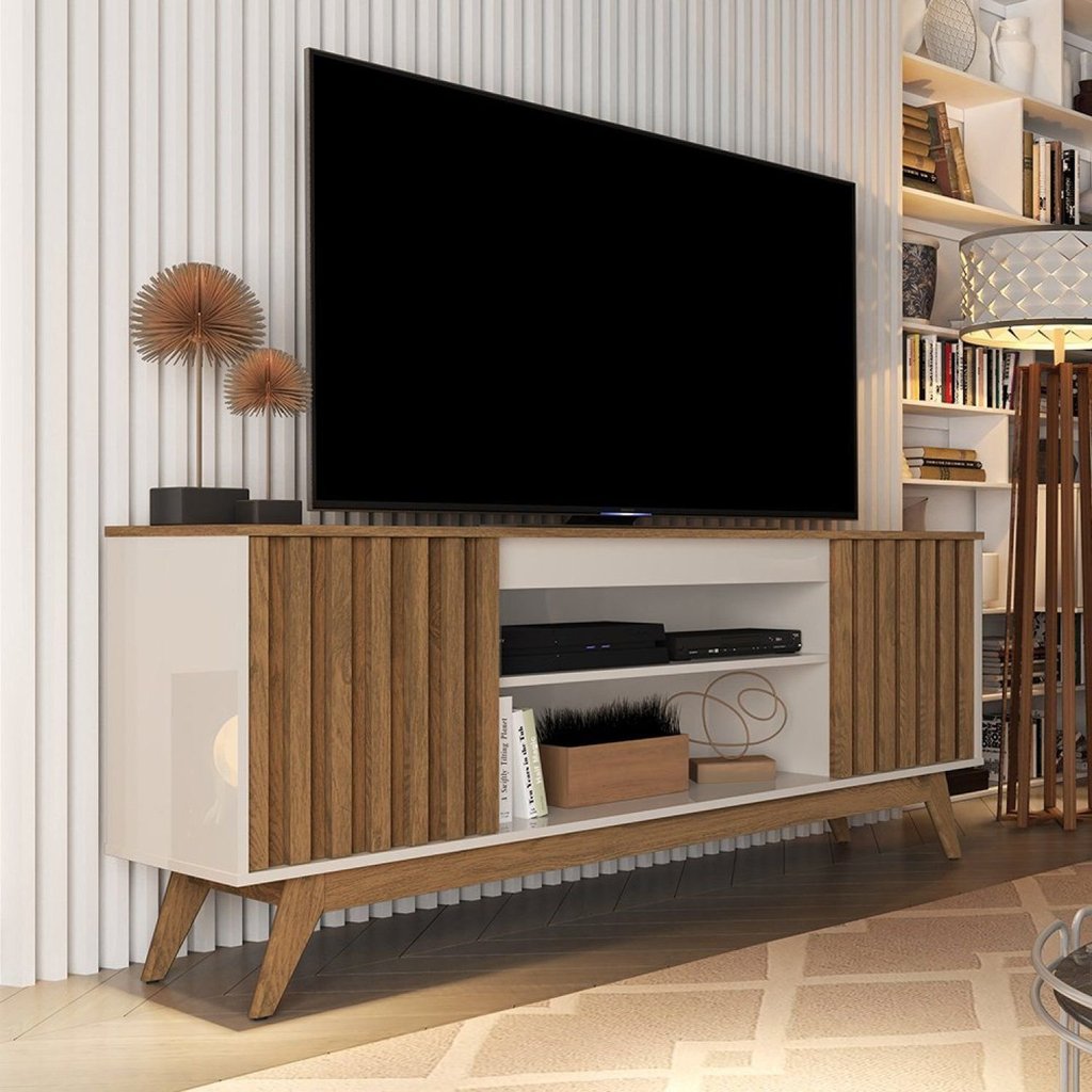 Rack Ripado Retrô para TV até 60 Polegadas MDF 160cm Pés em Madeira Maciça Malibu Wood Bege Off White/Freijó Off