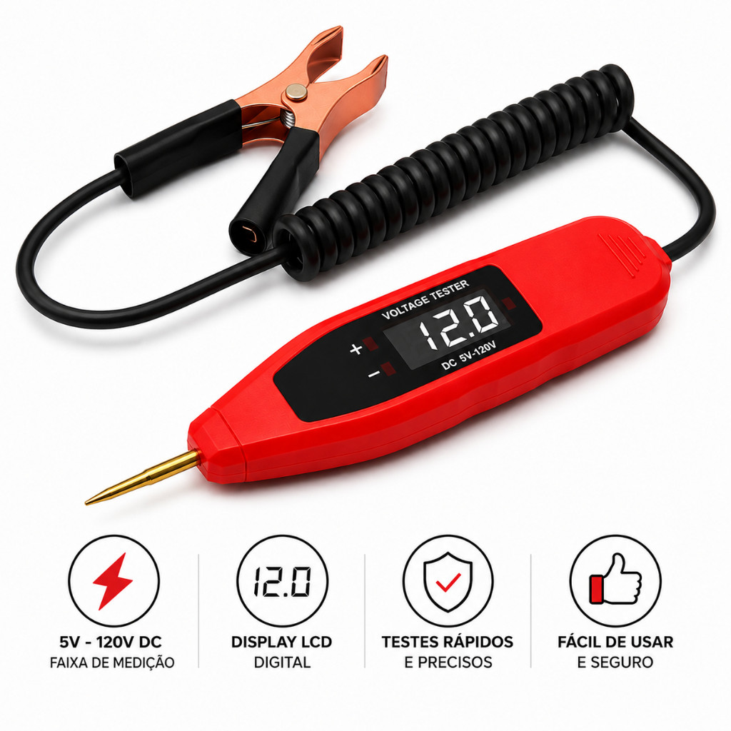 Testador Circuito Elétrico Digital LCD 5V-120V Automotivo Carro Moto Caminhão Diagnóstico Tensão