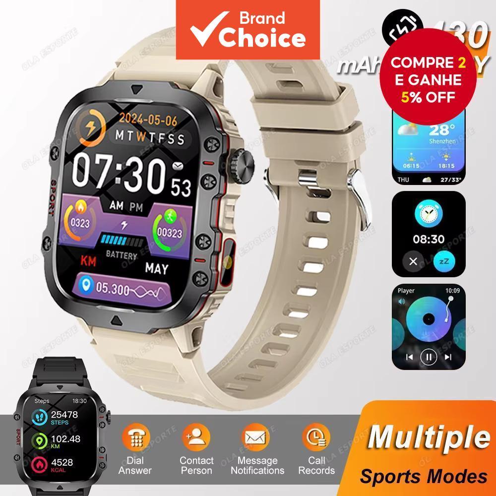 Relógio Inteligente Militar Masculino com Tela AMOLED à Prova d'Água, Chamada Bluetooth, Lanterna LED, Múltiplos Modos