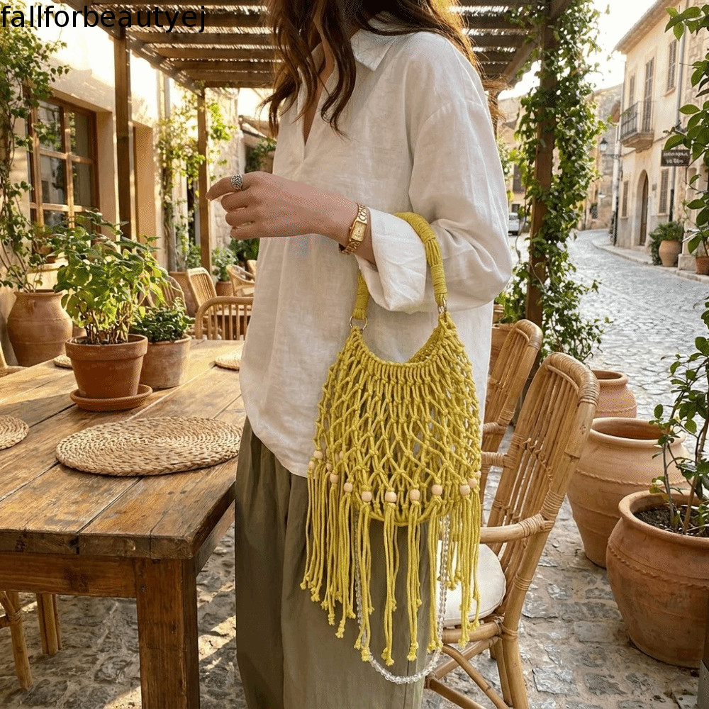 Bolsa De Praia Tecida FALLFORBEAUTYEJ , Sacola Conversível Com Alça De Corrente De Pérola De Tamanho Grande , Forro De A