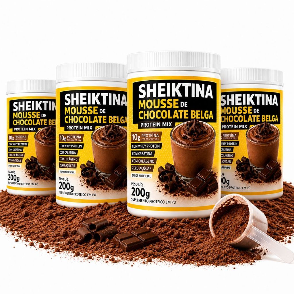 4 Sheiktina Mousse de Chocolate Belga – Suplemento Proteico em Pó com Whey Protein, Creatina e Colágeno | Zero Açúcar