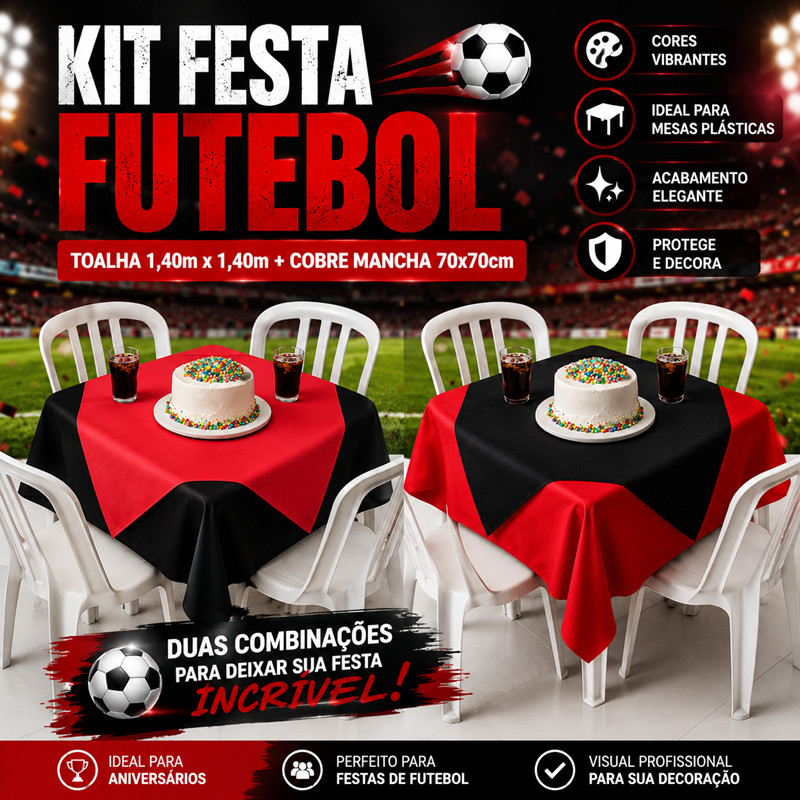 Kit 10 Toalhas de Mesa Flamengo Rubro-Negro TNT 1.40x1.40m + Cobre Manchas 70x70cm