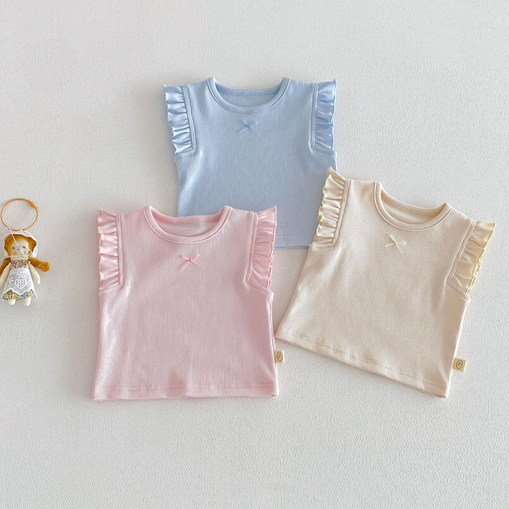 Meninas cor sólida manga voadora colete 2026 novo estilo verão bebê moda versão coreana respirável camiseta crianças ver