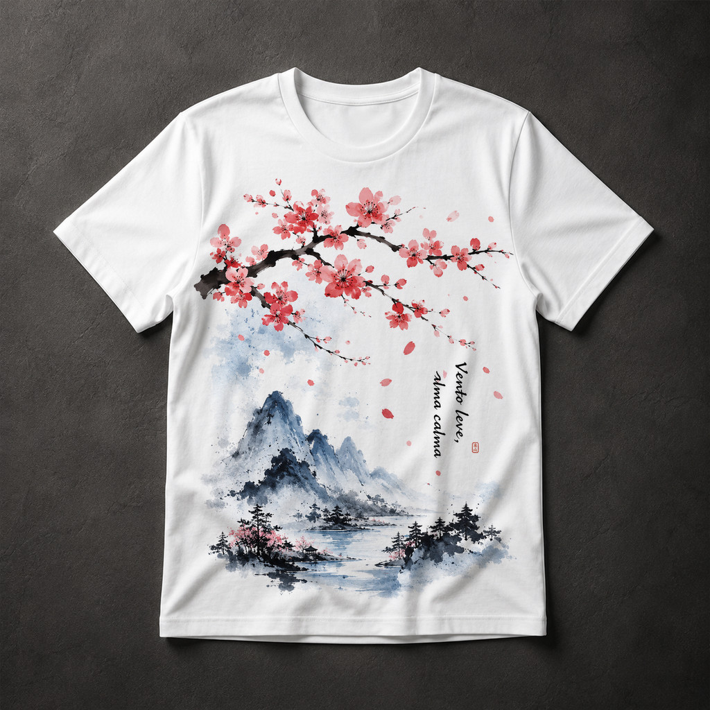 Camiseta Masculina Cerejeira Japonesa Aquarela Vento Leve Alma Calma Oriental Natureza