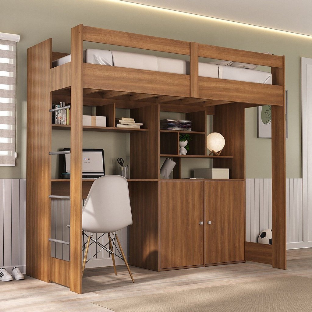 Cama de Solteiro Zwork 2 Portas com Escrivaninha Multifuncional Yescasa Marrom/Nogal Nogal