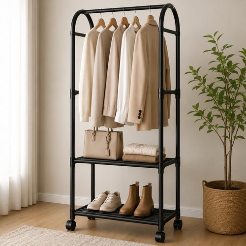 Arara Cabideiro Roupas Organizador Prateleiras Duplas Metal Preto Suporte Cabide Vestuario Mancebo
