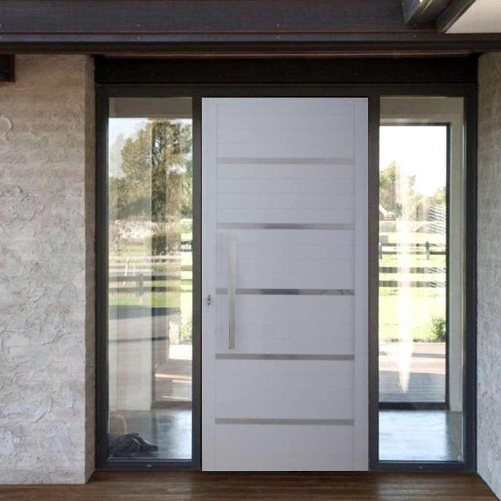 Porta Pivotante Solara Alumínio Puxador Barra Chata 210 x 110 Abertura Direita Branco Hale Esquadrias