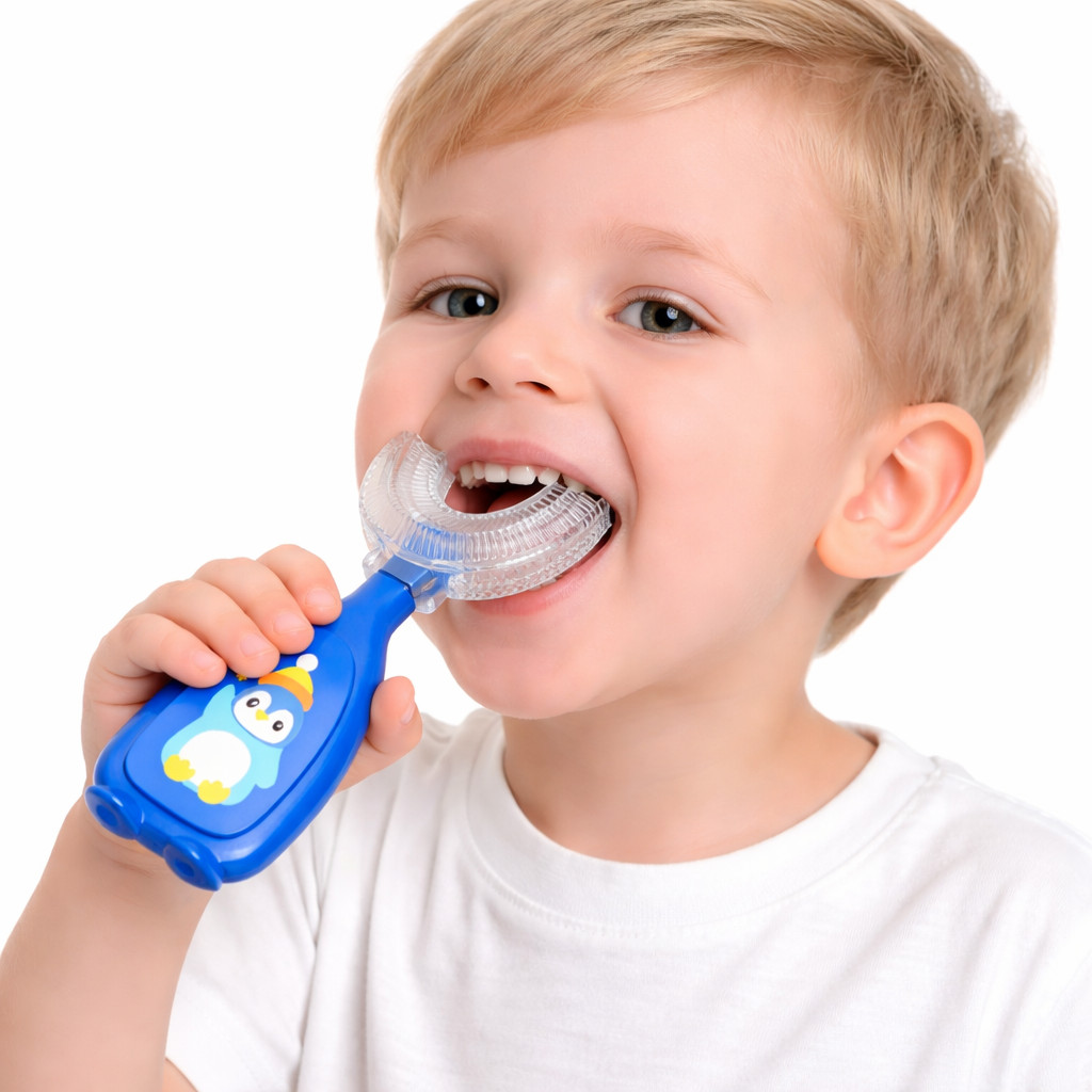 Kit 2 Escovas Moldeira Dentes Infantil Crianca Ponta Silicone Formato Em U 360o Graus Limpeza Dente